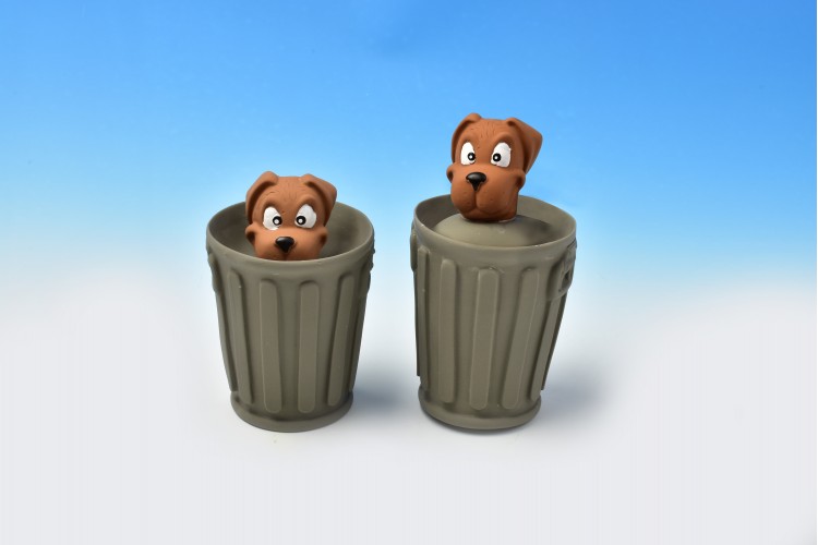 LX/1796TG Latex Pop-Up Toy: Dog in Rubbish Bin - 11.7cm